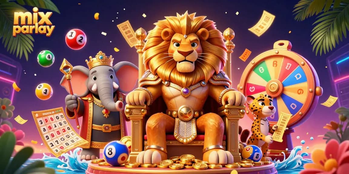 Join the action with mix parlay, featuring a lion king and thrilling game elements in a vibrant 3D scene.