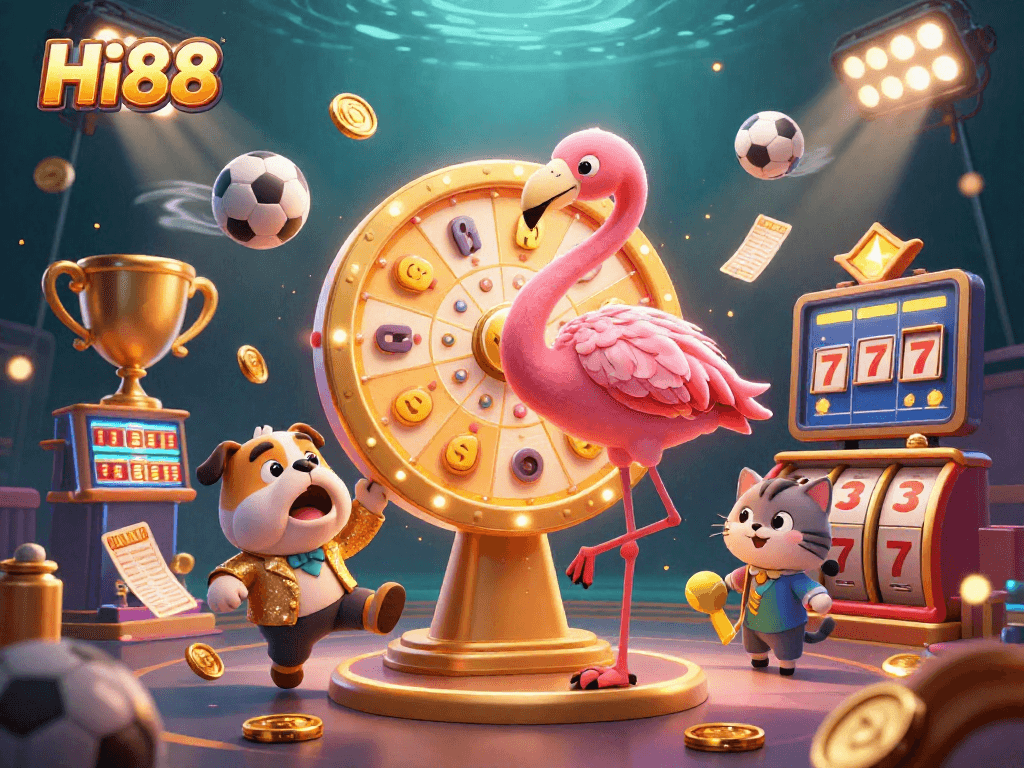 Spin the giant prize wheel at Hi88 with winning chances surrounded by vibrant casino elements.