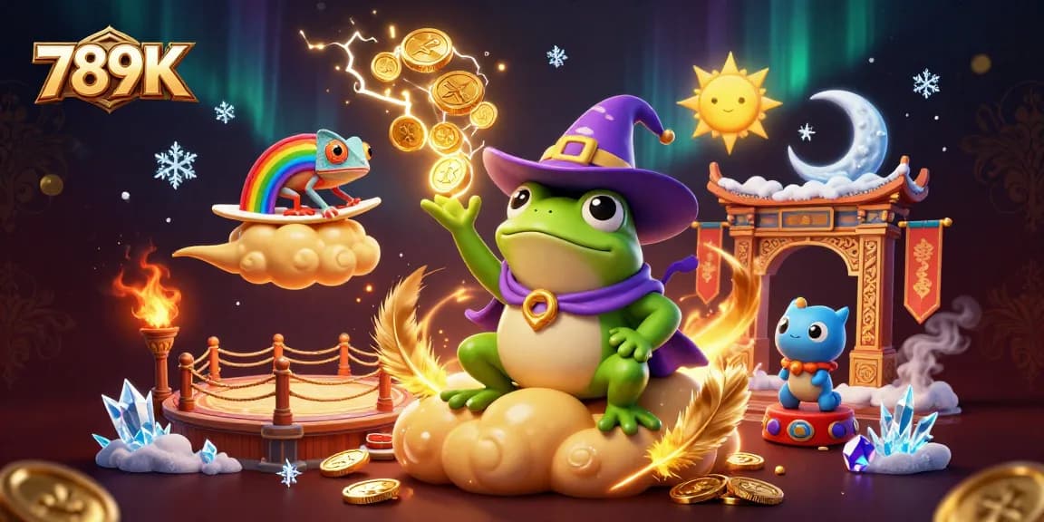 Experience the excitement of 789K as a frog wizard conjures golden coins amid a vibrant casino scene.