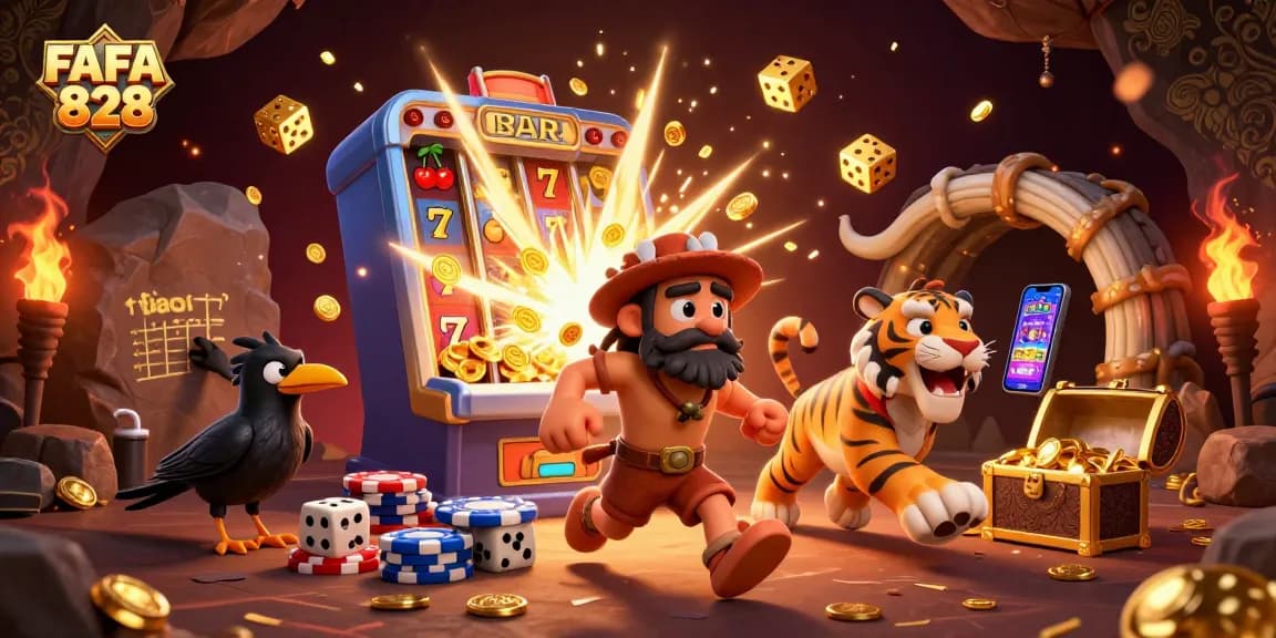 Experience the excitement of FAFA 828 with dynamic gaming action in this captivating casino illustration.