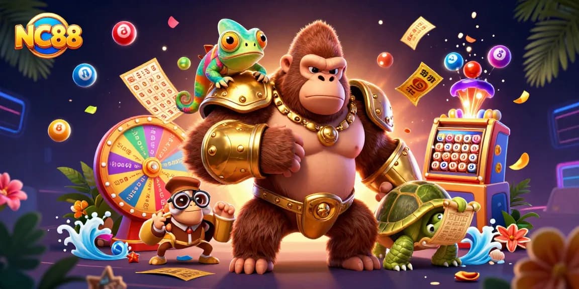Experience exciting lotteries and games at NC88 with this vibrant 3D illustration.