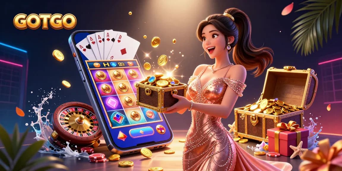 Putar permainan slot berwarna-warni dengan GOTOTO saat koin emas dan harta karun memancarkan kegembiraan.