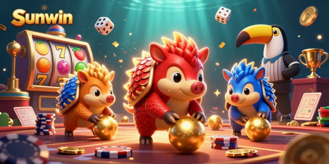 Experience thrilling gaming at Sunwin with a dynamic casino scene showcasing vibrant characters and elements.