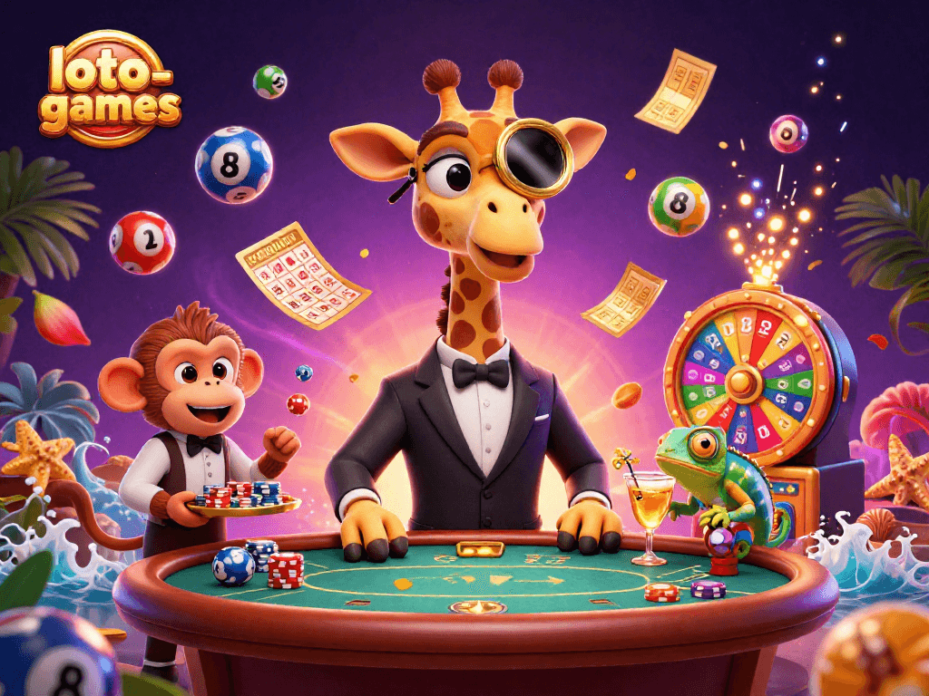 Experience thrilling loto-games with vibrant characters and dynamic lottery elements in this engaging casino scene.