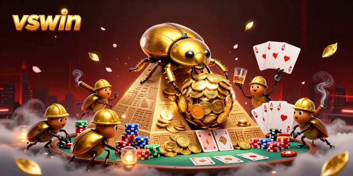 Experience lucrative gaming with the dynamic vswin illustration of a golden beetle and casino elements.