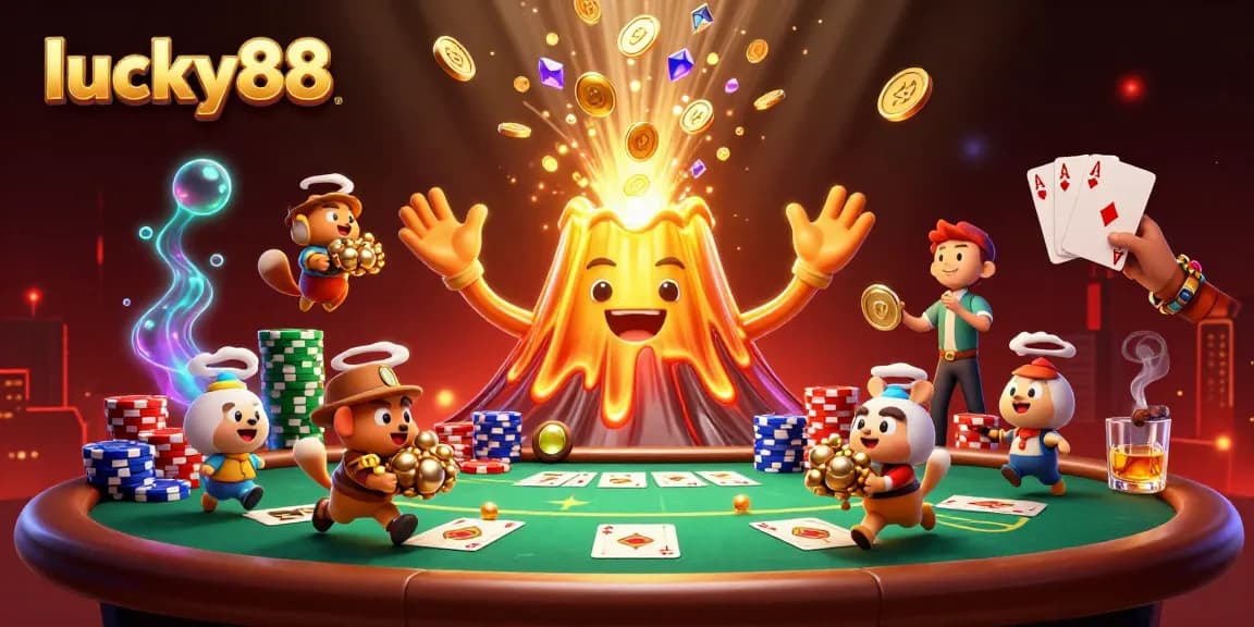 Engaging scene featuring lucky88 characters amidst treasure, poker chips, and vibrant casino elements.