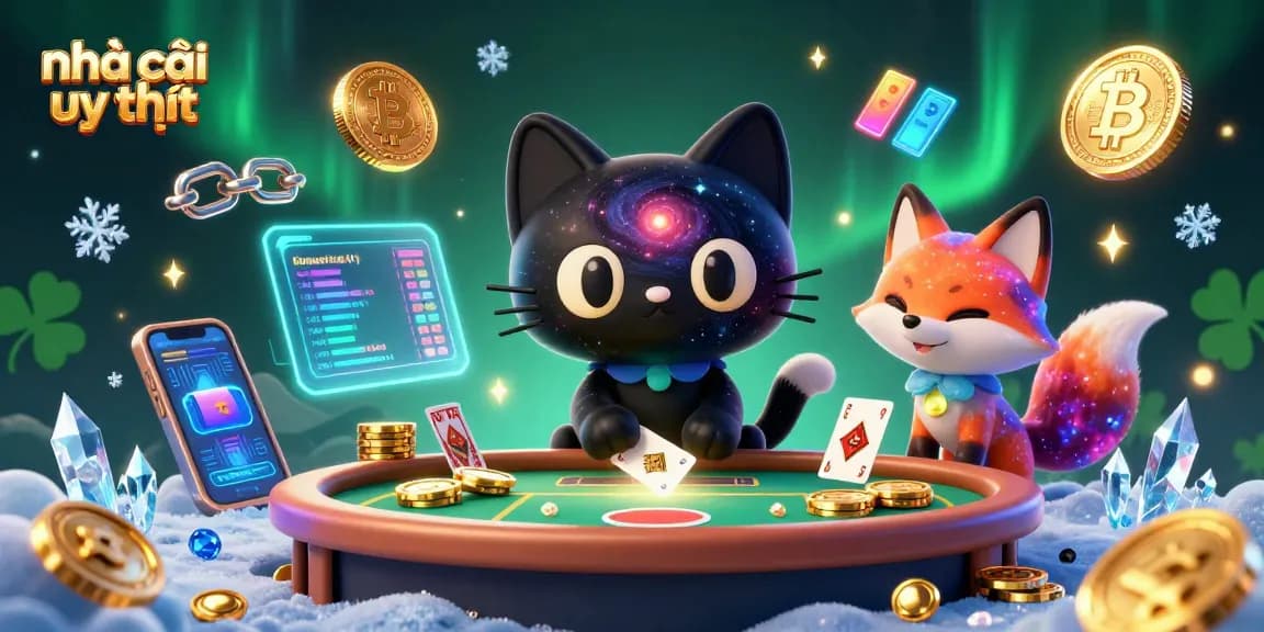 Experience the thrill at nhà cái uy tín with a cosmic cat and nebula fox in a vibrant casino scene.