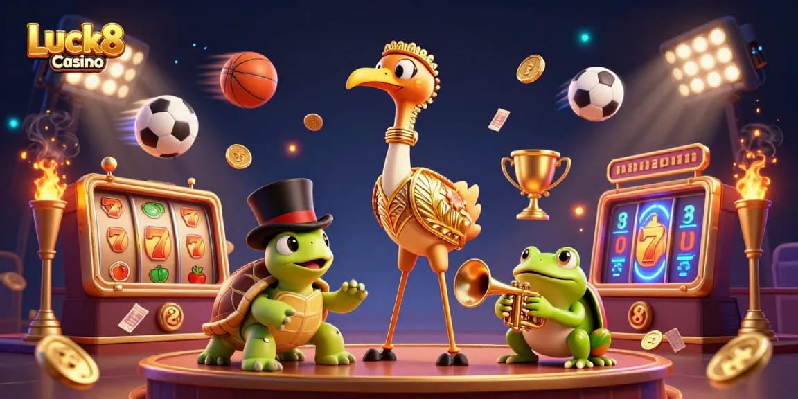 Experience the vibrant world of Luck8 Casino with a lively scene of casino characters amidst dynamic gaming elements.