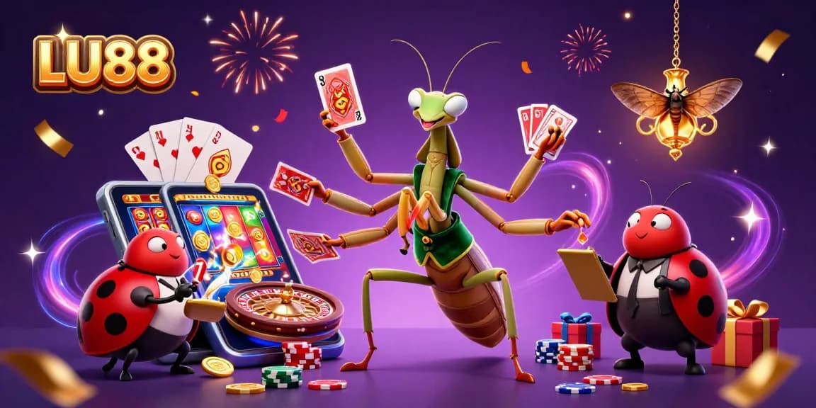 Engage with LU88 in a vibrant casino setting as colorful slot games and celebratory elements fill the scene.