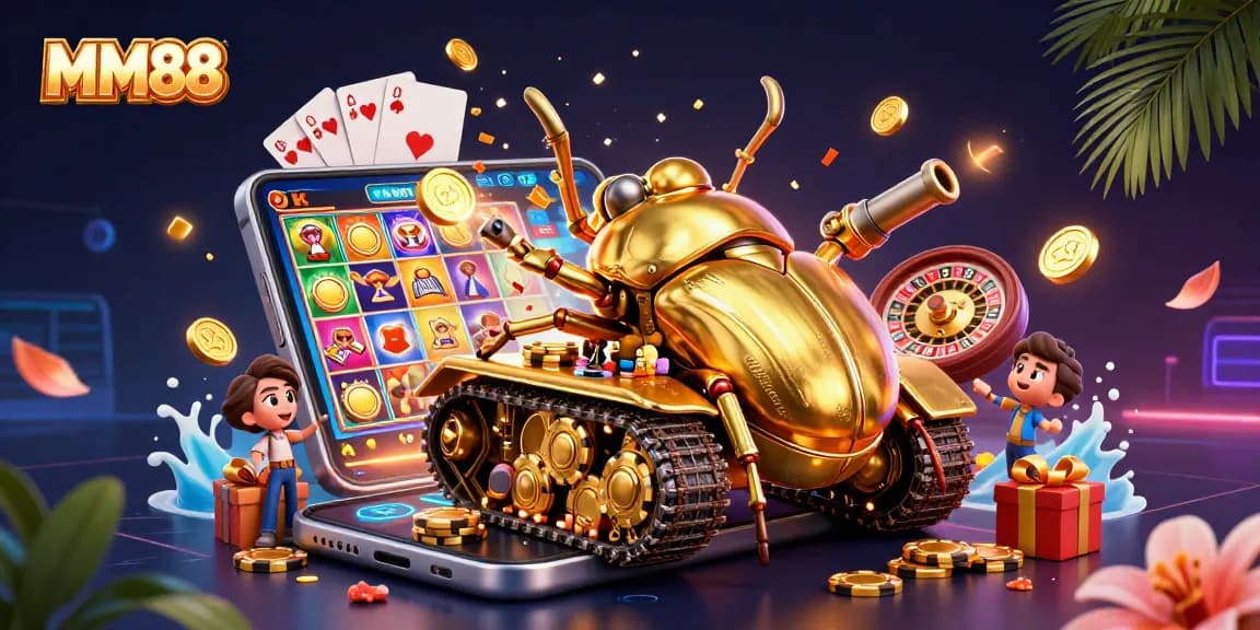 Experience thrilling gameplay at MM88 with a golden beetle tank revealing a lively mini casino.