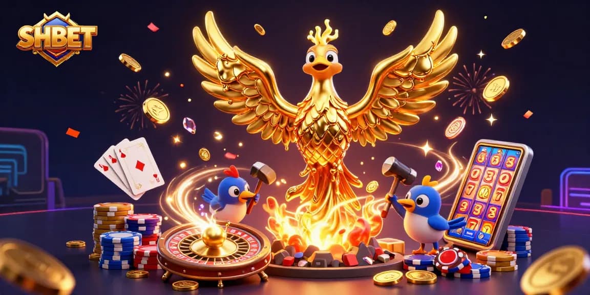 Engage with SHBET's immersive casino experience featuring a golden phoenix and dynamic game elements.