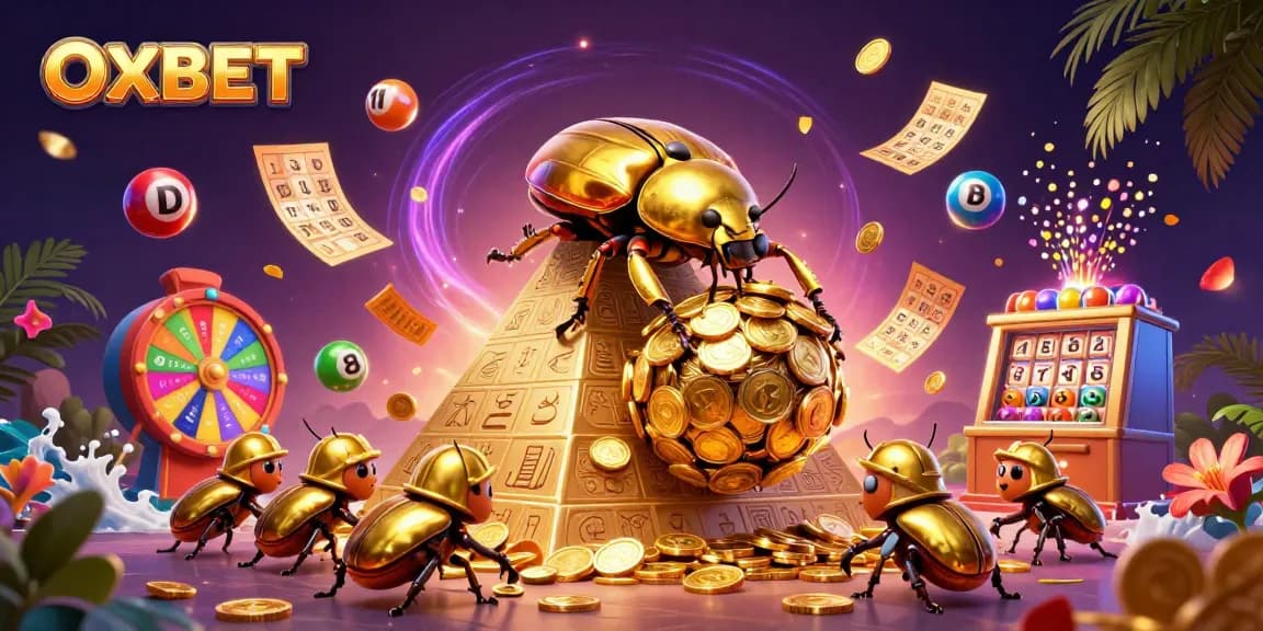 Join the fun at OXBET with dynamic casino games and vibrant prizes in a lively illustration.