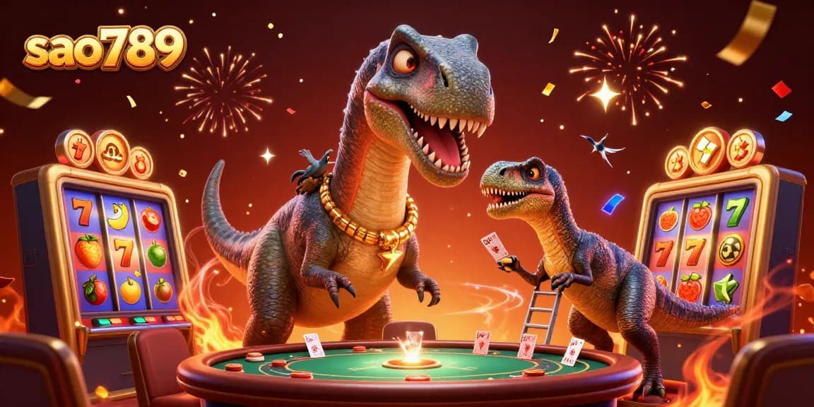 Experience thrilling gameplay at sao789 with a giant dinosaur dealer and exciting slot elements in a vibrant casino setting.