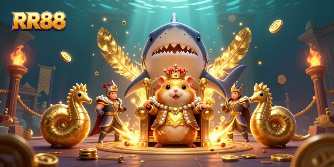 Engage with RR88's vibrant online casino atmosphere featuring golden hamster king and seahorse guards.