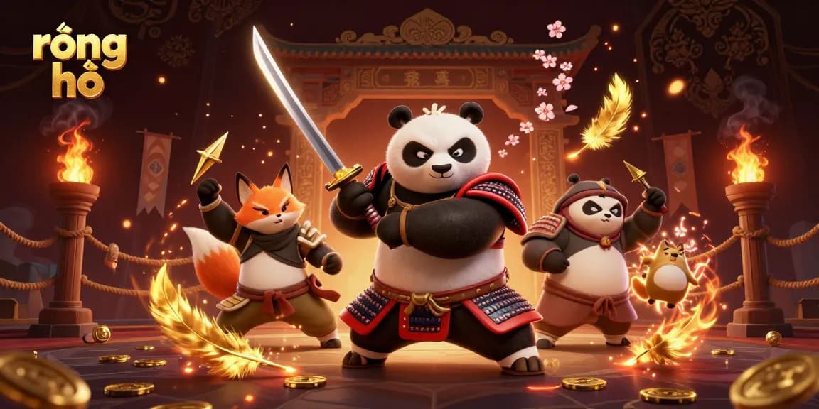 Experience rồng hổ combat with samurai panda, ninja fox, and spirit tanuki in a dynamic casino scene.