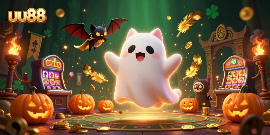 uu88 attracts players with a vibrant ghost cat and a vampire bat surrounded by casino elements.