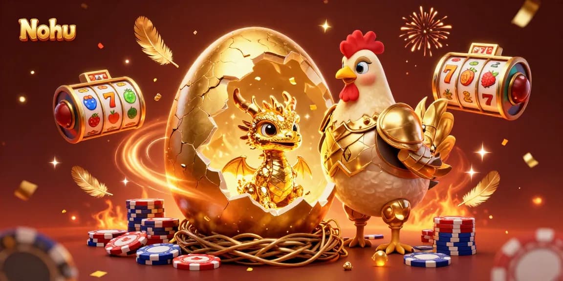 Nohu captivates players with a golden jackpot scene featuring a dragon, poker chips, and festive casino elements.