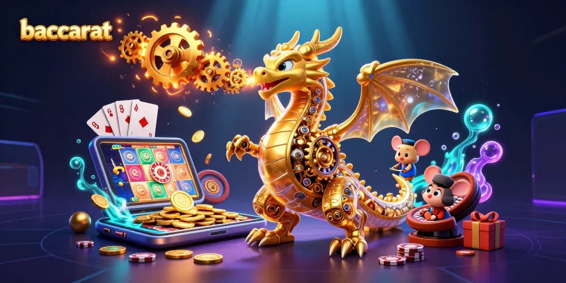 Baccarat scene featuring a biomechanical dragon and a mouse engineer amidst casino elements like cards and coins