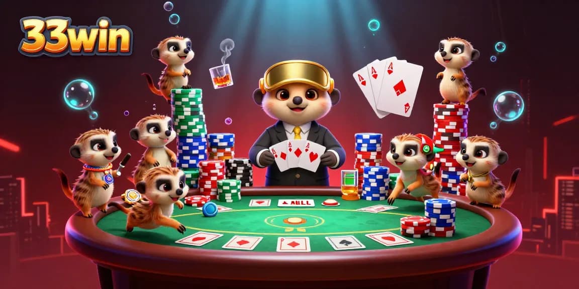 Experience thrilling gameplay at 33win with energetic meerkats in a colorful casino scene.