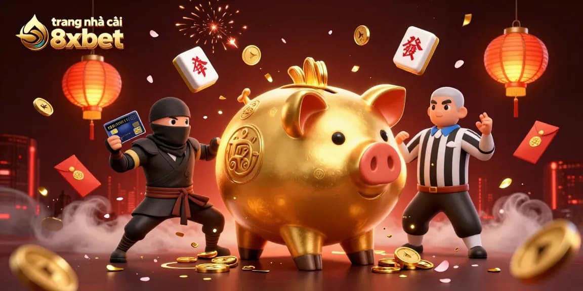 Engage with the thrilling world of trang nhà cái 8xbet, where the golden piggy bank sumo wrestler and wallet-ninja face off under vibrant lights.