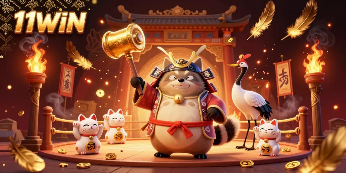 Experience the excitement of 11WIN with a lively tanuki and crane amid casino delights.