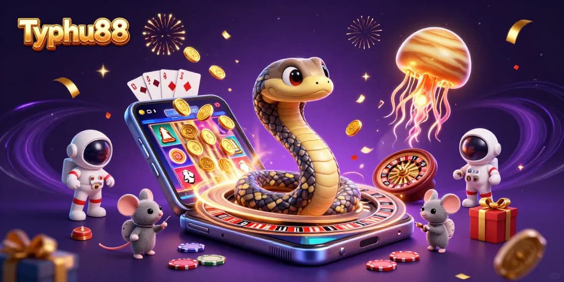 Experience Typhu88's cosmic casino with astronauts betting on a roulette wheel planet