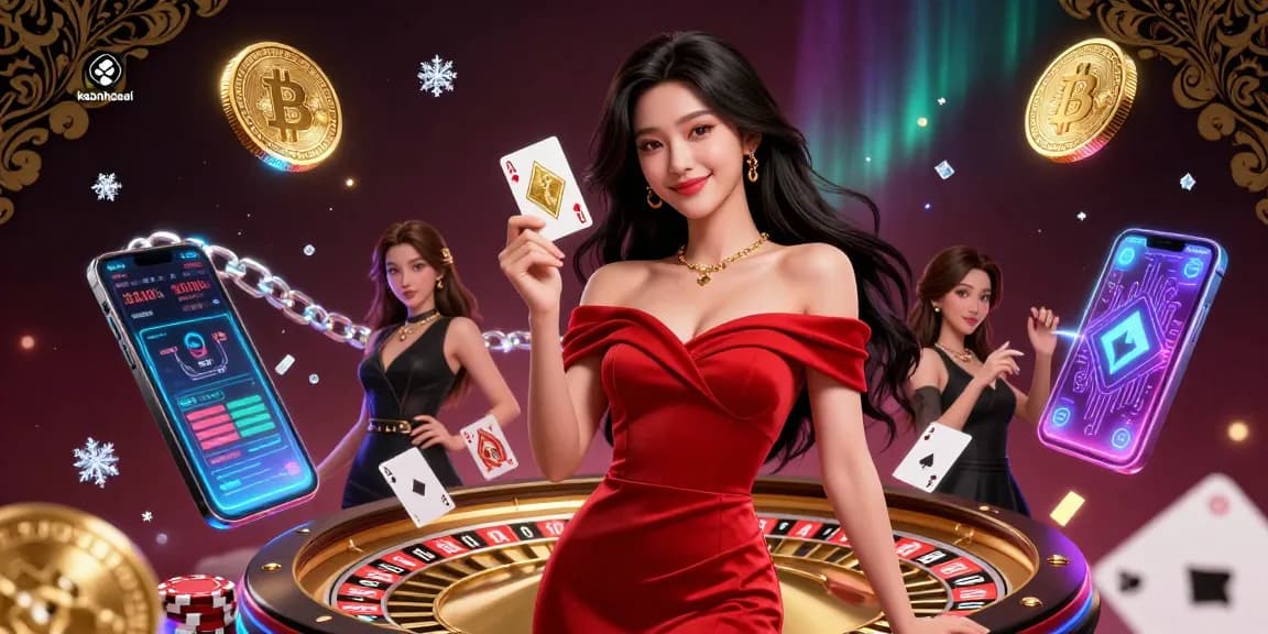 Experience thrilling betting action with keonhacai, featuring golden cards and a roulette wheel surrounded by crypto coins.