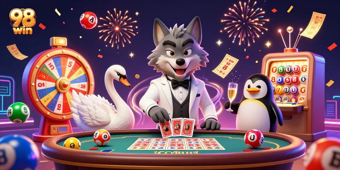 Win exciting rewards at 98 win with a vibrant scene filled with casino characters and festive elements.