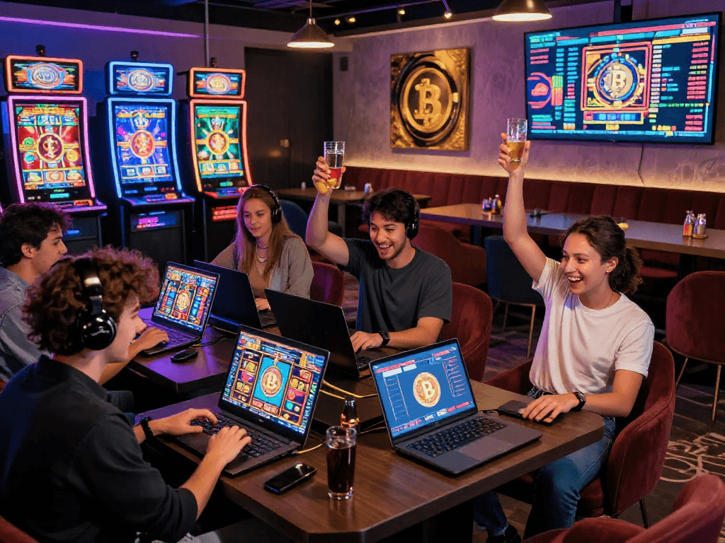 Exciting crypto casino scene with players enjoying online slot games in a vibrant gaming environment.