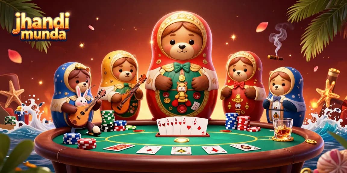 Play Jhandi Munda with a vibrant scene of cartoon bears and casino elements showcasing excitement and strategy.