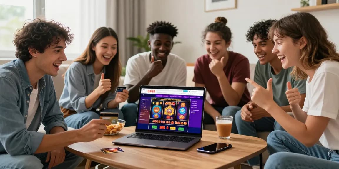 Group of friends exploring credit card casinos at https://crownwoods.org.uk/ in a cozy living room.