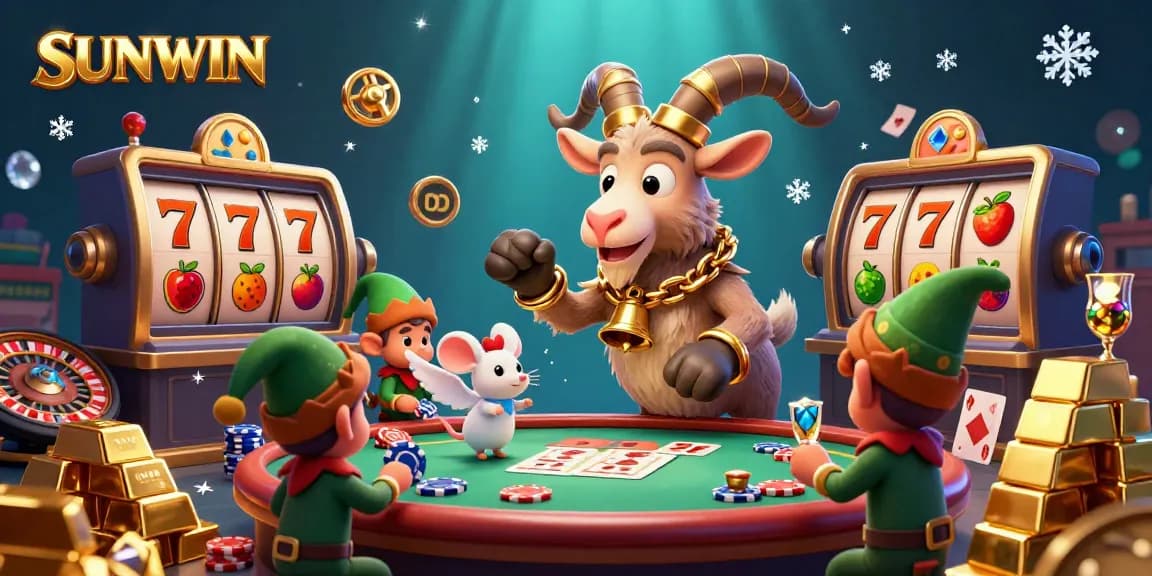 Experience excitement at SUNWIN while playing casino games surrounded by chaos and treasure in a 3D illustration.