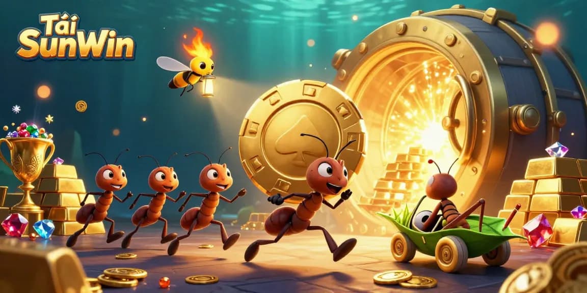 Tải SunWin showcases a dynamic scene as 3D ants heist a giant poker chip amidst treasure