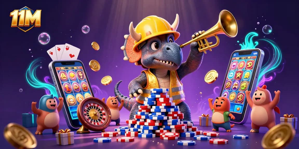 11M celebrates the excitement of gaming with a lively 3D casino scene featuring vibrant characters.