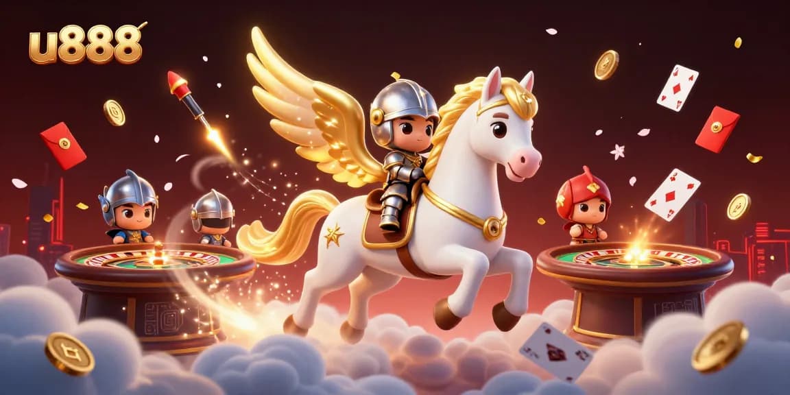 Experience thrilling wins at u888 with a dynamic scene of a celestial horse and knight amidst casino elements.