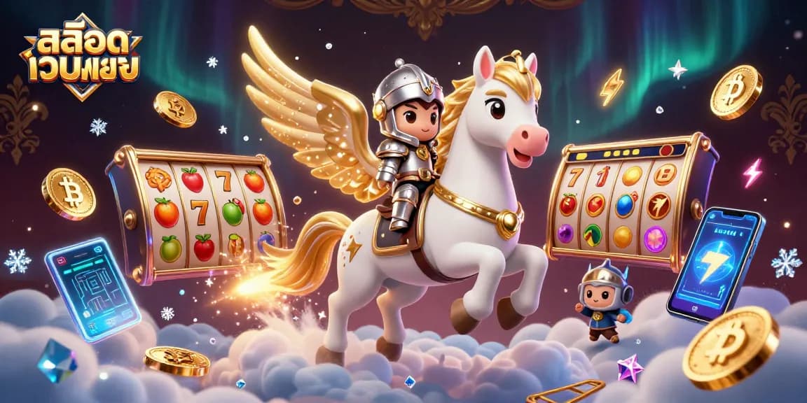 Experience สล็อตเว็บตรง with a vibrant scene of an armored knight on a celestial horse amidst slot game elements.