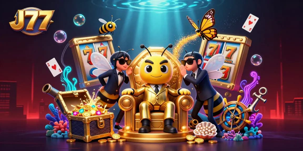 Engage in thrilling gameplay with J77 at an exciting casino setup featuring colorful slot reels and treasure.