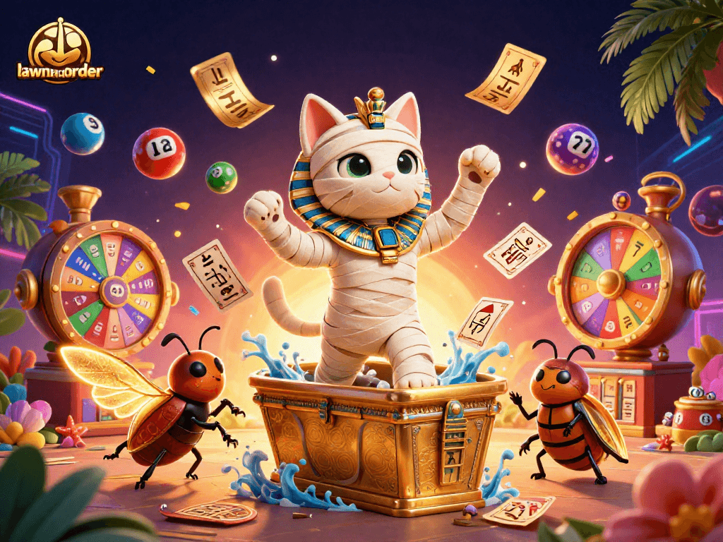 Play exciting slots at lawnandorder with a lively Egyptian mummy cat and vibrant casino elements.