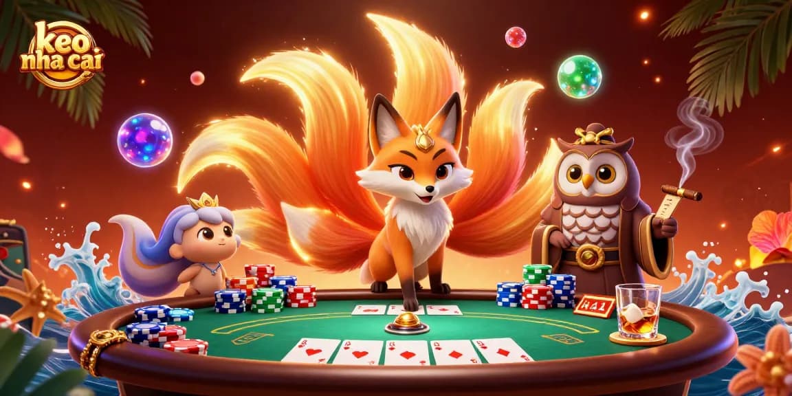 Engage in thrilling poker action with keo nha cai, featuring colorful fox spirit and wise owl.