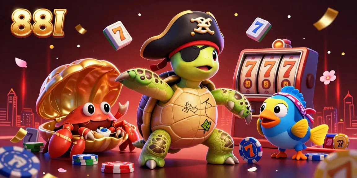 Slots-themed casino illustration featuring 88I with a turtle, crab, and parrotfish amidst vibrant game elements.