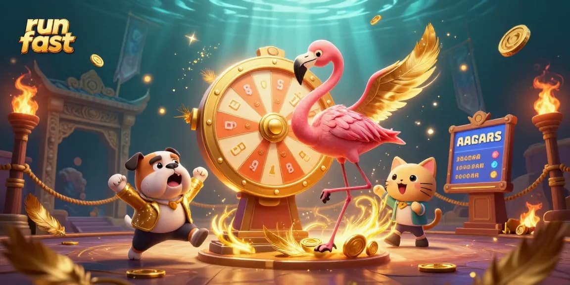 Play run fast with an engaging casino scene featuring a colorful prize wheel with animated characters.