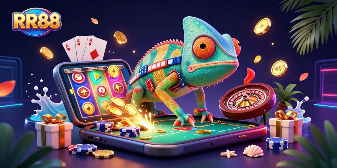Experience the vibrant world of RR88, where the colorful chameleon casino owner oversees thrilling games and golden winnings.