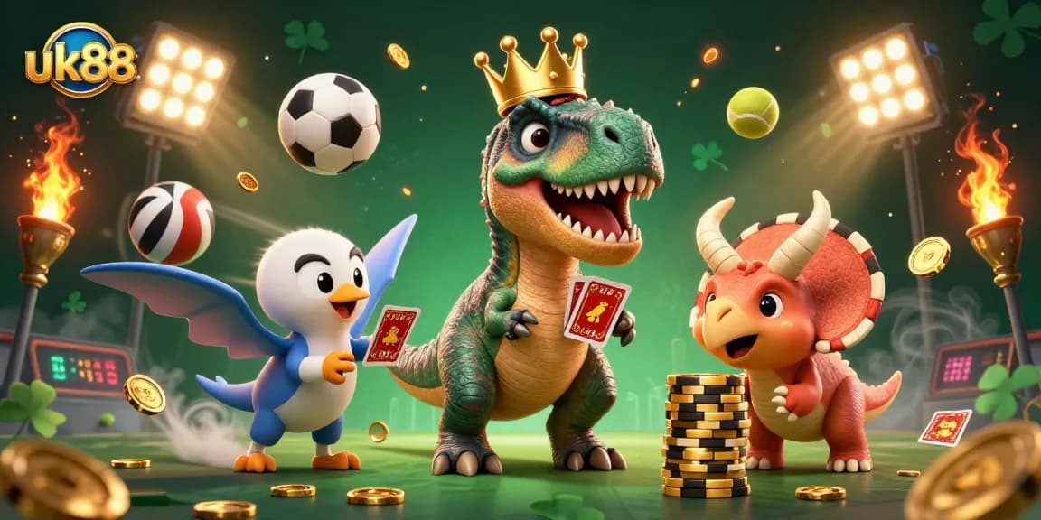 uk88 showcases a 3D T-Rex and friends engaging in a lively card game with dynamic sports elements.