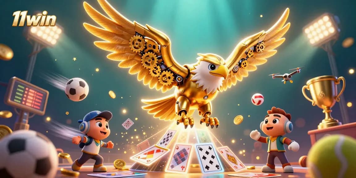 Experience thrilling wins at 11win with a vibrant, dynamic illustration of a golden eagle amidst casino elements.
