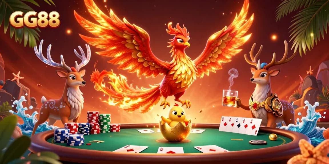 Experience poker thrills at GG88 with a vibrant scene of phoenixes and dynamic casino elements.