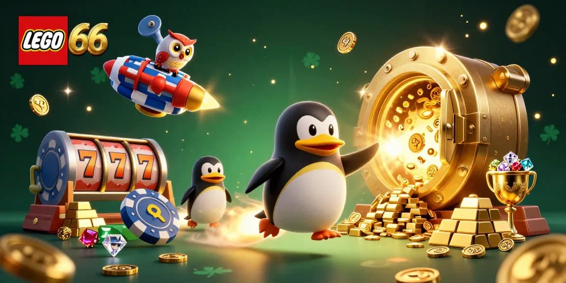 Lego66 slot adventure with a golden penguin and casino elements in a vibrant cosmic scene.