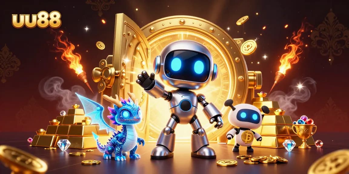 Play exciting games at uu88 with a vibrant 3D illustration featuring a cyberpunk robot and treasures.