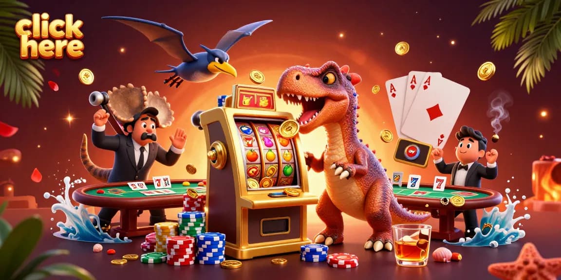 Click here at a vibrant casino scene with a pachycephalosaurus, jackpot winning, and coins flying.