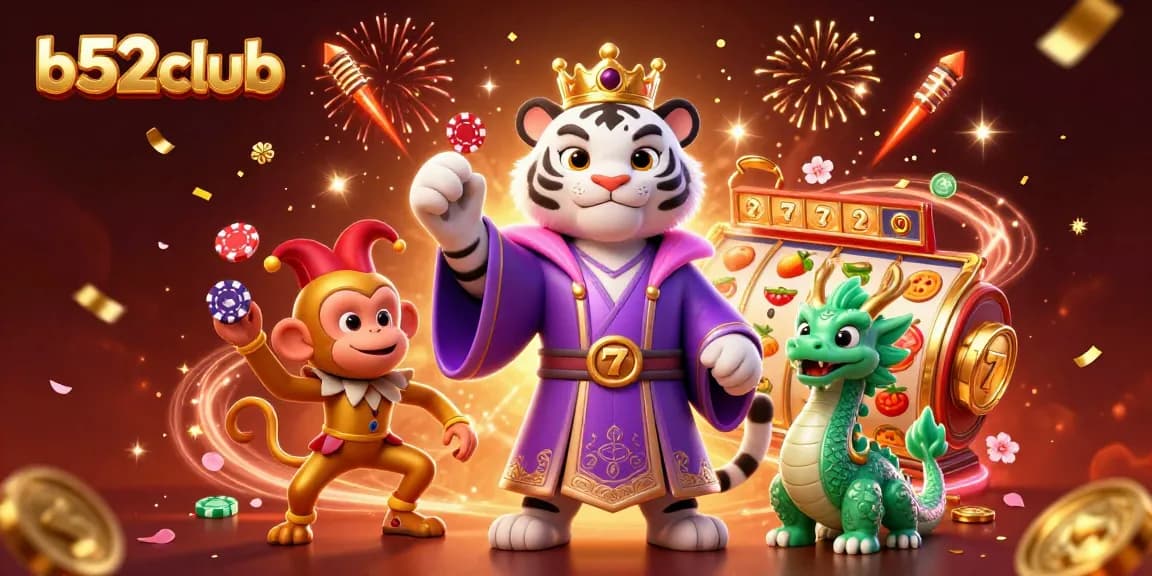 Engage in thrilling casino action at b52club with a dynamic 3D scene featuring vibrant slot games.