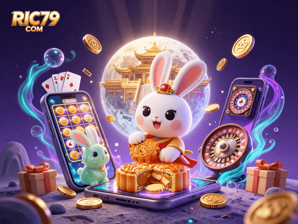 Engage with RIC79 COM through a vibrant lunar casino experience, featuring poker chips and golden coins.